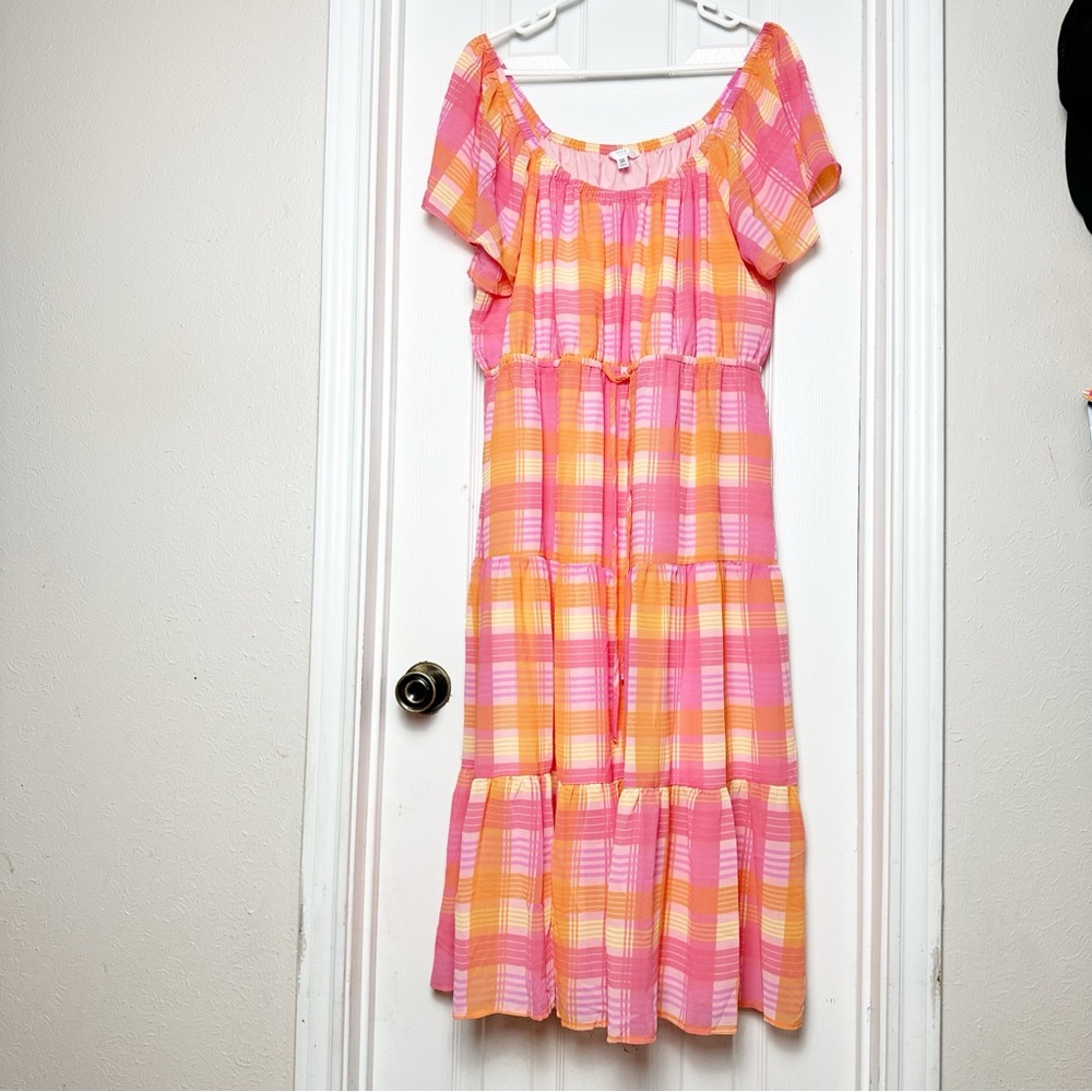 Time and Tru Plaid Flutter Sleeve Tiered Midi Dress Spring Summer Romantic XXL - Picture 2 of 7